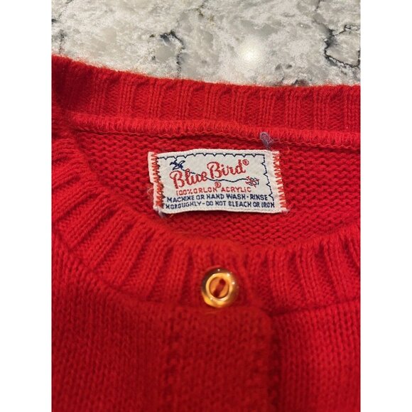 Vintage 80s Blue Bird Cardigan Sweater Girls T 2-4 Acrylic Button Red Embroidery - Picture 6 of 8